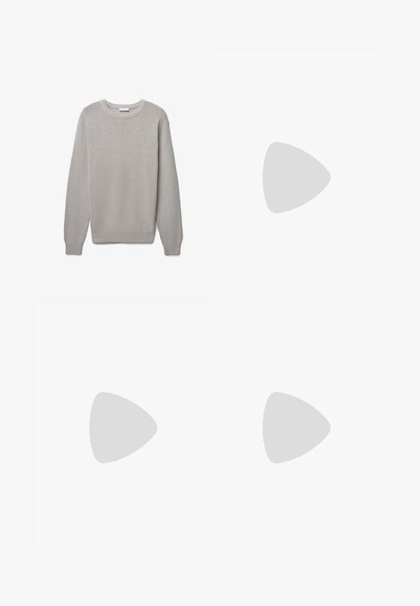 Hellgrauer Strickpullover mit Rundhalsausschnitt, langen Ärmeln und gerippten Bündchen und Saum, schlichtes Design, Größe L.; Braune maßgeschneiderte Hose mit geradem Bein, versehen mit einer vorderen Falte, glatter Textur und klassischem Bund. Geeignet für formelle Anlässe.; Braune Leder-Lederschuhe mit glänzender Oberfläche, die eine gestickte Detail entlang der Vorderseite und eine niedrigprofilierte schwarze Gummisohle aufweisen.; Schwarze Sonnenbrille mit rechteckigen Rahmen, grauen getönten Gläsern und einer Aussparung im Nasensteg. Schlanker, glänzender Kunststoff, mit schmalen Bügeln.