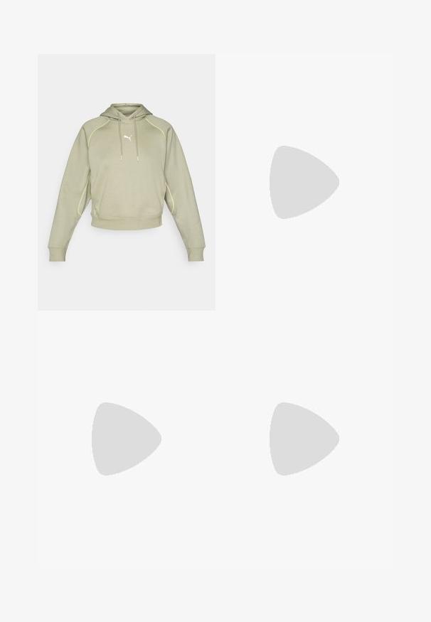 Világoszöld, rövidített kapucnis hoodie, sárga varrási részletekkel, kenguruzsebből és egy kis fehér logóból a mellrészen. Puha szövet szerkezet.; Fekete, hosszú ujjú póló pamutból, kerek nyakkal. A bal mellrészen egy kis fehér logó található. Egyszerű dizájn és szabás.; Fekete nylon zipzáras cargo nadrág állítható mandzsettával, több zsebbel és logóval a jobb lábon. Simább, könnyű textúra.; Beige és krém színű sportcipő, texturált hálós felsőrésszel, támogató burkolattal és gumitalppal, amely tapadás érdekében bordázott mintázattal rendelkezik.