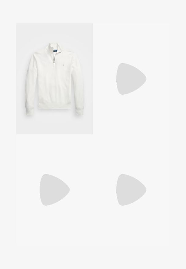 White half-zip pullover made of textured fabric. Features long sleeves, ribbed cuffs, and a small logo on the left chest.; White polo shirt made of cotton, featuring a two-button placket, short sleeves, and a subtle logo on the left chest. Smooth texture.; White chinos made of cotton, featuring a flat front, belt loops, two side pockets, and a single back pocket. Smooth texture with a straight leg.; White leather sneaker with a smooth texture, featuring lace-up closure, a navy logo on the side, and a durable rubber sole.