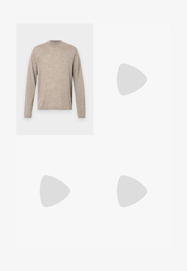 Kerge beež pikkade varrukatega sviiter ümmarguse kaeluse ja pehme kangaga, millel on lõdva istuvus ja peen tekstuur. Ilma mustrite ja aktsentideta.; Prunnid, kõrge vöökohaga püksid, mis on valmistatud tekstureeritud kangast. Omavad laiu jalgu ja kahte eesmist voldikut struktuuri jaoks. Korralik viimistlus, ilma nähtava riistvarata.; Mustad mustad nahast loafers sileda tekstuuriga, ümarat ninaosa ja dekoratiivne riba vampi üle. Madal kihiline konts, minimalistlik disain.; Mustmust kott mustade nahkade käepidemetega. Lihtne disain, avar keha ja sile tekstuur. Pole nähtavaid logosid ega mustreid.