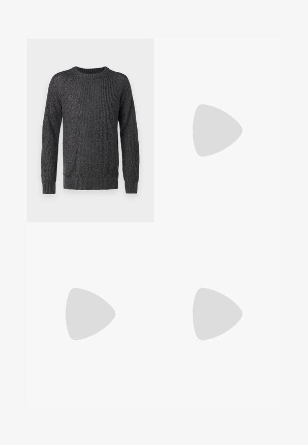 Jack & Jones JJJONES CREW NECK - Džemperis - asphalt; Juodi džinsai išdenimo, tiesaus kirpimo, su penkiomis kišenėmis ir metalinėmis detalėmis su vario akcentais. Glotni tekstūra ir vidutinė liemens linija.; Balti odiniai sportbačiai su lygiu paviršiumi, apvaliu pirštu, plokščiomis raištelėmis ir struktūrizuota padu. Pilko zimšo akcentas ant kulno.; Juodi stačiakampiai akiniai nuo saulės su tamsiais lęšiais. Blizgi rėmelis, tiesios kojelės su lengvu lenkimu. Minimalistinis dizainas, be puošmenų.