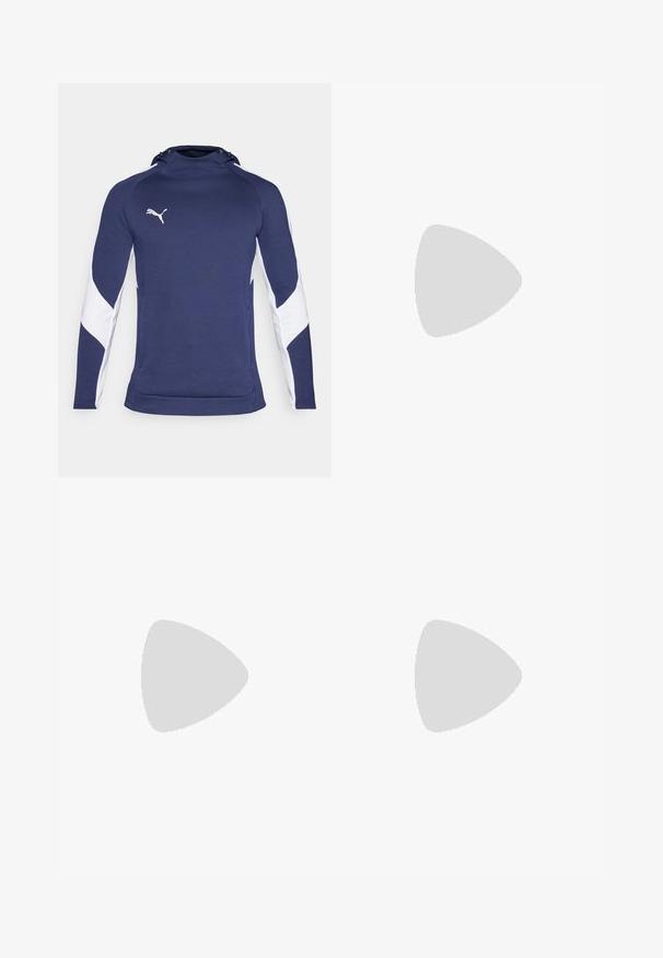 Granatowy sportowy hoodie z białymi panelami bocznymi, z wysokim kołnierzem i sznurkiem do regulacji. Logo w białym kolorze na lewej piersi.; New Balance ESSENTIALS niebieski; Czarne sportowe szorty wykonane z lekkiego materiału, z elastycznym pasem i małym białym logo Puma po lewej stronie.; Białe sportowe buty z przewiewną siateczką, czarnymi akcentami i kolorową podeszwą z purpurowymi i zielonymi detalami.