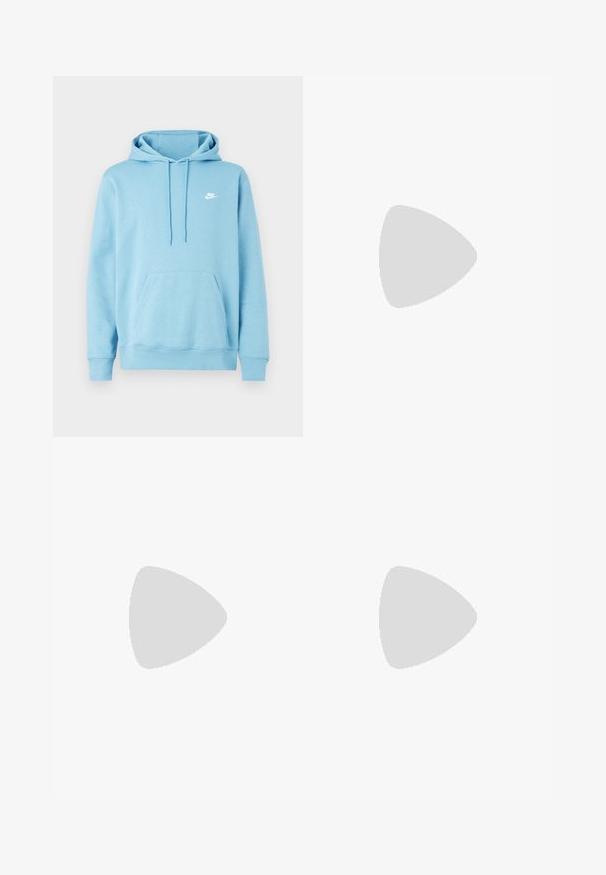 Light blue hooded sweatshirt made of soft fabric. Features a front pocket, drawstring hood, and a white Nike logo on the chest.; Gray sweatpants made of soft fabric, featuring an elastic waistband with a drawstring, straight legs, and a small logo on the side.; White Nike Air Max 90 sneakers feature a smooth leather and mesh upper, perforated detailing, cushioned sole, and visible air unit for comfort.; Black sunglasses with a matte finish, rectangular lenses, slight curve on temples, subtle logo detail, and smoke-tinted lenses.