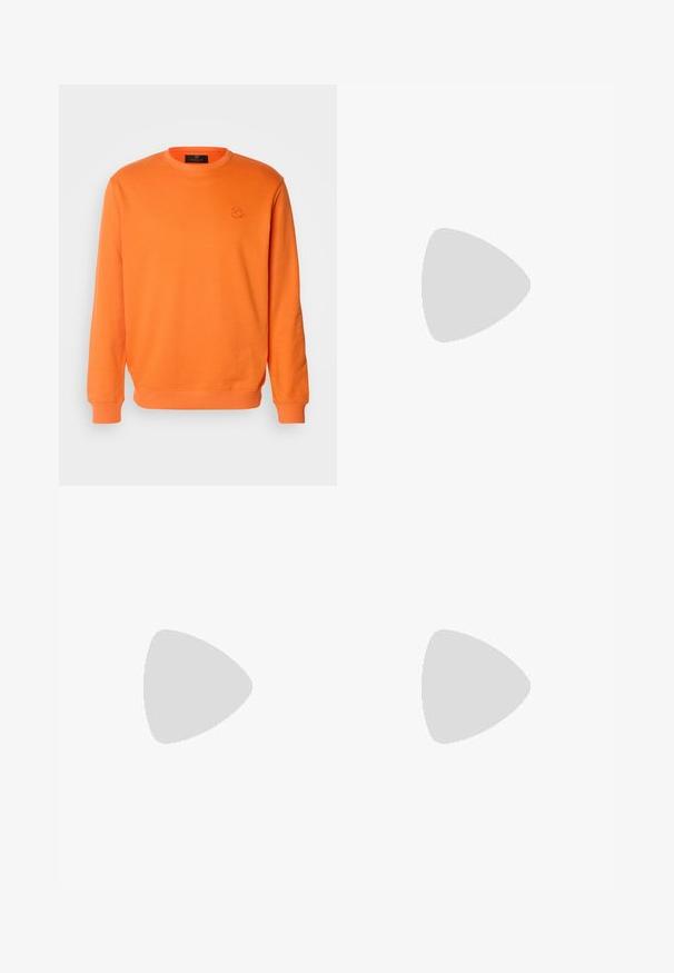 Oranges Sweatshirt aus Baumwolle mit Rundhalsausschnitt, langen Ärmeln und gerippten Bündchen. Ist mit einem kleinen eingeprägten Logo auf der Brust versehen.; Schwarze Cargo-Hosen aus strapazierfähigem Material, mit Seitentaschen, Knopfverschluss und schlankem Design. Glatte Textur mit minimaler Detailgestaltung.; Schwarze Sneaker mit glattem Synthetikoberteil, runder Zehenpartie, flachen Schnürsenkeln und einer gerippten Gummisohle. Minimalistisches Design mit genähten Akzenten.; Grüne rechteckige Sonnenbrille mit solidem, dunklem Glas, dicken, transparenten Rahmen und einer leicht glänzenden Oberfläche. Akzente an den Bügeln.