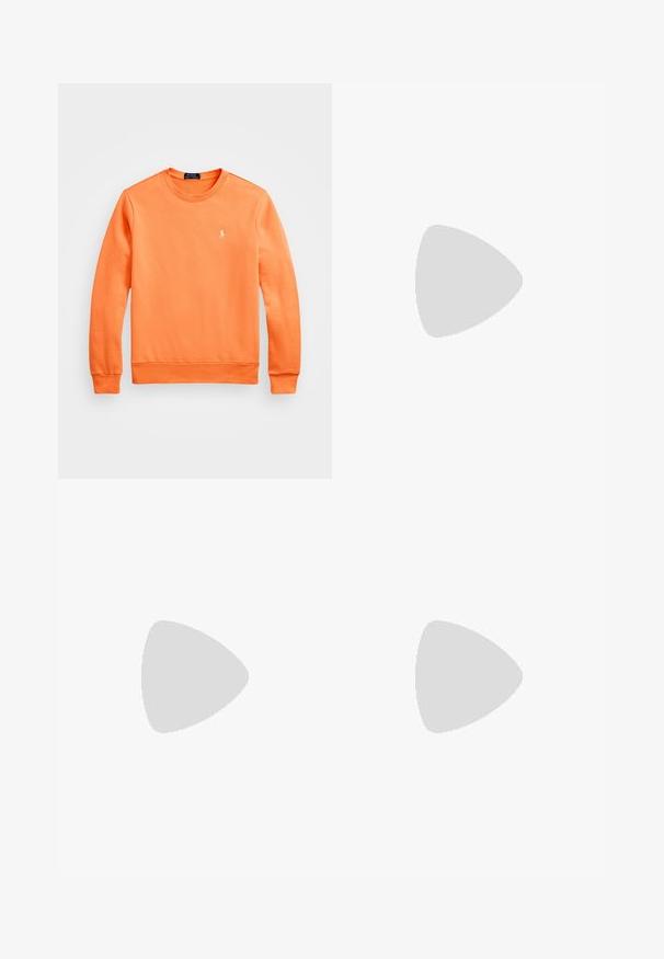 Orange crew neck sweatshirt made of soft fabric, featuring long sleeves, ribbed cuffs, and a small logo on the chest.; Beige long-sleeve shirt made of cotton blend. Features button-down collar, seven front buttons, and a small embroidered logo on the left chest.; Beige cotton chinos with a flat front, belt loops, and side pockets. Straight-leg design with a smooth texture and a light, breathable feel.; White leather sneakers, low-top design, featuring a smooth texture, round toe, laced front, and a small embroidered logo on the side.