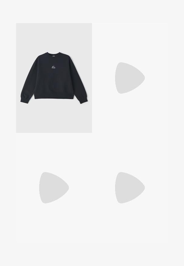 Navy blue crew neck sweatshirt made of cotton, featuring ribbed cuffs and hem, with a small white logo on the chest.; Black athletic pants with a shiny, smooth fabric, featuring an elastic waistband, wide legs, and a small logo on the left side.; Silver athletic shoes with a smooth, shiny finish, featuring a stitched design and the number 90 on the side, paired with white pants.; Black rectangular sunglasses with a smooth plastic frame and dark lenses. "QUAY" logo on the side in white. Minimalist design.