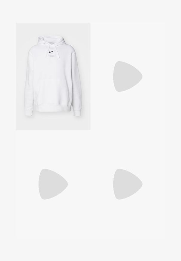 Nike Sportswear HOODIE - Sportinis megztinis - white; Balta medvilninė marškinė su trumpomis rankovėmis, apvaliu iškirpimu ir laisvu siluetu. Sklandus paviršius be matomų raštų ar akcentų.; Pilkos Nike kelnės su raišteliu liemenyje, siaurėjančiomis kojomis, šoninėmis kišenėmis ir išskirtiniais siūlų detalėmis. Minkšta, tekstūruota medžiaga.; Pilkas sportinis batas su tinklu ir zomšos viršutine dalimi, baltomis detalėmis, paminkštintu padu ir išskirtiniu dizainu su atspindinčiais elementais.