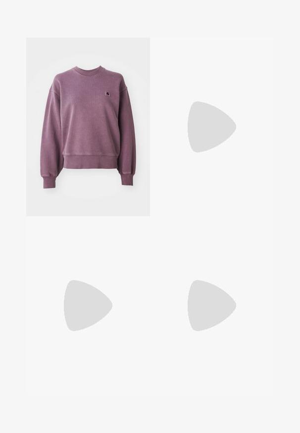 Purple crewneck sweatshirt with ribbed cuffs and hem, featuring a small square Carhartt logo patch on the left chest.; Black cotton t-shirt with a relaxed fit. Features a round neck and short sleeves. Includes a small gold embroidered logo on the chest.; Black wide-leg cargo pants made of denim, featuring a high waist, front button closure, and side pockets. Smooth texture with minimal stitching.; White leather Nike Air Force 1 sneakers with perforated toe, cream laces, and decorative jewel accents. Gray ribbed socks visible. Green background.