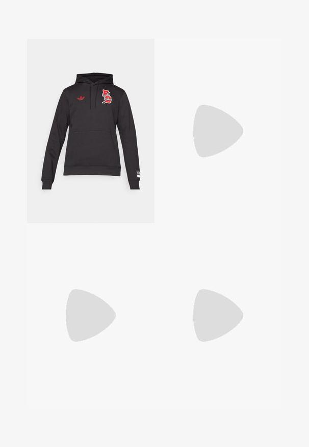 Tamsiai pilkas gobtuvėlis su priekiu kišene, raudonu siuvinėjimu ir Adidas trefoil ženklu kairėje krūtinės pusėje.; Pegador BARROW - Laisvi džinsai - sand washed blue; Juodas odinis loaferis su kutais, turintis masyvų juodą pado ir geltonus siūlus palei kraštą. Textūruota danga.; Trijų sluoksnių sidabrinė metalinė apyrankė, kuri pasižymi stilingomis, lankstosiomis grandinėlėmis su švelniu blizgesiu, užsegama krabų užsegimu ir reguliuojama grandinė.