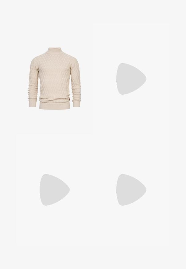 Cream-colored knitted sweater with a high neck, featuring a textured wave pattern, long sleeves, and a fitted ribbed hem.; Skinny jeans in faded gray denim, featuring distressed details at the knees, paired with white sneakers. Smooth texture, slim fit design.; White leather sneakers with perforations, round toe, flat sole, and thick laces, featuring a visible swoosh logo and "AIR" on the heel.; Silver stainless steel wristwatch with a navy blue dial, metallic hour markers, and a date window at 3 o'clock. Water-resistant to 50 meters.