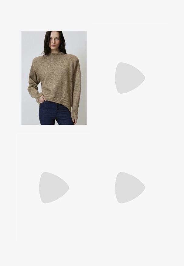Beige textured sweater with a high neckline, ribbed cuffs and hem, and a slightly asymmetrical cut. Paired with dark blue jeans.; Beige, wide-leg trousers hanging vertically, featuring front pleats and a flat waistband, showcasing a neutral and elegant style.; Black leather ballet flats with a rounded toe, featuring a cutout and bow detail, worn with light blue wide-leg jeans.; Tortoiseshell sunglasses with a square frame, gradient brown lenses, and subtle gold hardware accents on the temples.