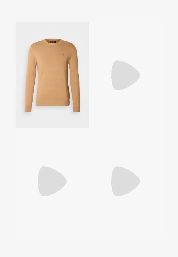 Beige crewneck sweater made of soft knit material, featuring long sleeves and a small logo embroidered on the chest.; White cotton T-shirt with a crew neck, short sleeves, and a subtle embossed logo on the chest. Interior tag has an orange accent.; Black tailored trousers with a straight cut. Made of smooth fabric, featuring a flat front, belt loops, and two side pockets.; Black leather lace-up shoe with a rounded toe, smooth texture, minimal stitching, and a low rubber heel. Logo on the heel.; Black duffel bag made of textured synthetic material. Features two handles and an adjustable shoulder strap. Simple design with no visible patterns.