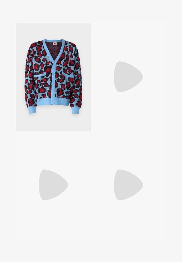 Knitted cardigan featuring a leopard print in red and black on a light blue background, with a V-neck and two front pockets.; Black cotton T-shirt with short sleeves, featuring white "DSQUARED2 MILANO" logo on the chest. Crew neck design, smooth texture.; Black formal trousers made of a smooth fabric, featuring a straight leg design, front pleats, and standard waistband without embellishments.; Black leather loafer with textured upper, braided accent, and smooth finish. Low profile heel and minimalistic design.