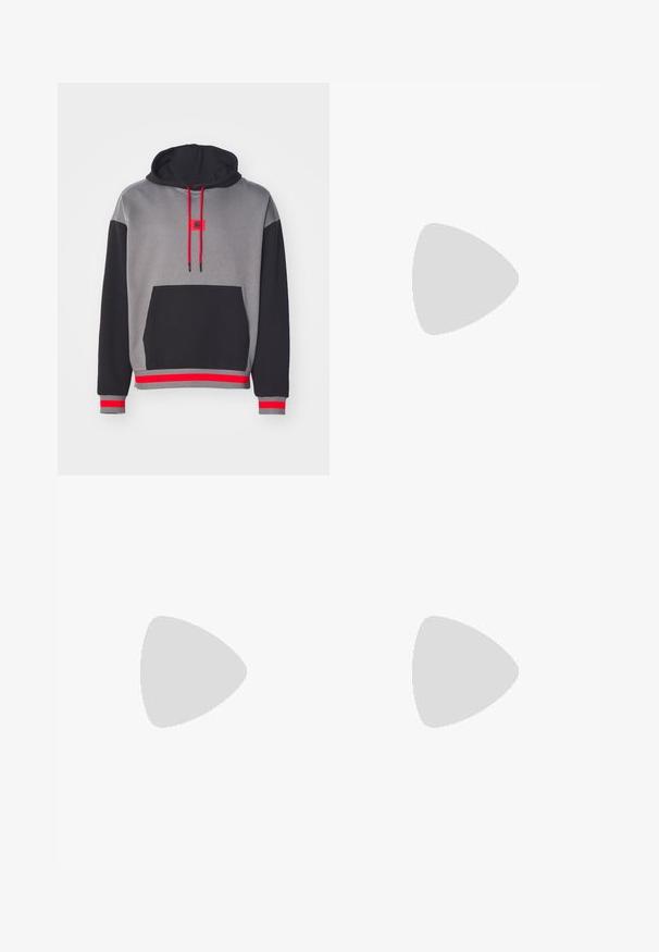 Hooded sweatshirt featuring gray body, black sleeves, red accents, and a front pocket. Drawstrings are also red with black tips.; Black short-sleeve t-shirt made of textured fabric with a round neckline. Features a logo tag on the lower side.; Black straight-leg trousers with a buttoned waistband, belt loops, and front crease, displayed against a plain white background.; Black leather loafers with a textured front panel and smooth sides. Features a slim heel and rear loop for easy wear. Classic design.