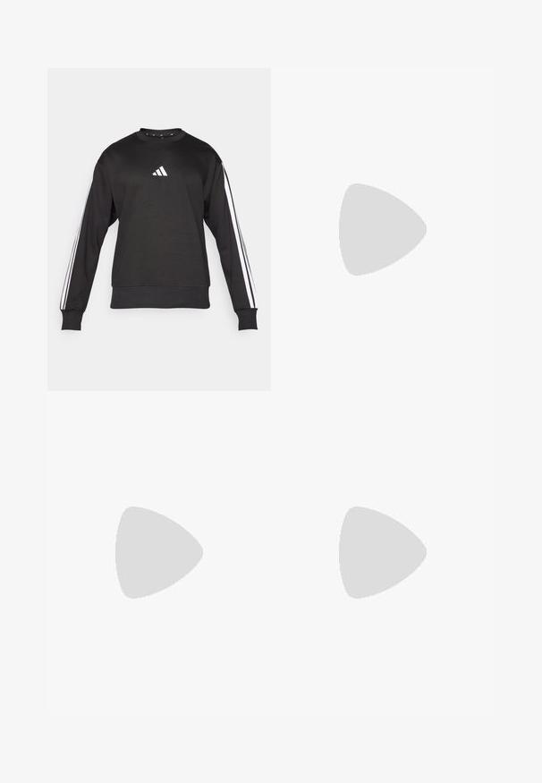 Sweatshirt preto com mangas longas, detalhes brancos em três riscas nos braços e um pequeno logótipo branco no peito. Tecido macio com decote redondo.; Camiseta atlética branca de mangas curtas, feita de tecido que absorve a humidade. Apresenta um logótipo preto no lado esquerdo do peito e um decote interior com padrão.; Calças de treino pretas com um cós elástico, riscas laterais brancas e um pequeno logotipo branco na coxa. Feitas de um material leve e suave.; Tenis negros desportivos com um superior em malha texturizada, riscas brancas de destaque, sola acolchoada e um calcanhar reforçado para suporte.