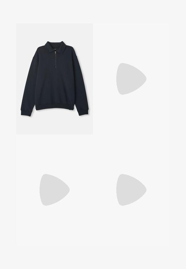 Pull-over à manches longues bleu marine avec une fermeture éclair mi-hauteur à l'avant et un col en pointe, poignets et ourlet côtelés.; Filippa K TERRY CROPPED TROUSERS - Pantalon classique - sage melange; Baskets en cuir blanc avec une finition lisse, bout arrondi, lacets plats et semelle texturée. Présente un logo discret sur le talon.; Lunettes de soleil noires rondes avec verres sombres et branches en métal fines. Comprend des embouts transparents et des accents argentés au niveau de la charnière. Design minimaliste.