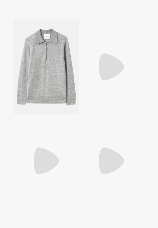 Grau Pullover mit Kragen und halbem Reißverschluss. Aus weichem Strickmaterial gefertigt, mit geripptem Saum und Ärmeln sowie einer glatten Textur.; Weit geschnittene Hosen aus dunkelgrauem Stoff. Merkmale sind Falten an der Taille, ein maßgeschneiderter Schnitt und eine gerade Silhouette.; Rote Wildledersneaker mit weißen Akzenten, aus strukturiertem Material, mit runder Zehenpartie und einem goldenen Logo an der Seite, getragen mit schwarzen Hosen.; Schwarze rechteckige Sonnenbrille mit dunklen Gläsern, glänzender Oberfläche, breiten Bügeln und einem klobigen Rahmen-Design. Gravierter Markenname auf einem Bügel.