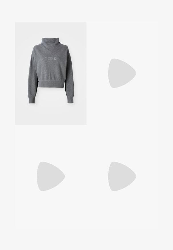 Grauer verkürzter Sweatshirt mit hohem Kragen, versehen mit "BOSS" in Strass auf der Brust sowie gerippten Bündchen und Saum. Weiche Materialbeschaffenheit.; Weißes kurzärmliges T-Shirt aus weicher Baumwolle, mit Rundhalsausschnitt und figurbetonter Form. Keine sichtbaren Muster oder Verzierungen.; Hellgraue Sweatpants mit entspannter Passform, elastischem Bund, Kordelzug und seitlichen Taschen; aus weichem, strukturiertem Stoff gefertigt.; Nike Sportschuh in Weiß und Hellrosa. Mit einem Obermaterial aus Mesh und einer markanten, gewölbten Sohle mit sichtbarer Luftpolsterung.