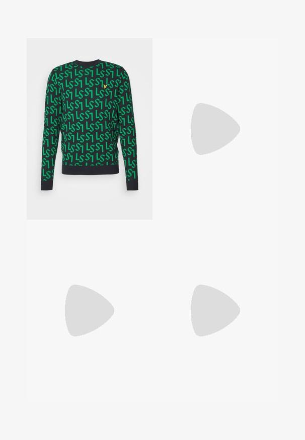 Maglione verde con motivo a stampa "LS" su sfondo nero. Presenta un collo rotondo e maniche lunghe. Tessuto a maglia morbido.; Pantaloni cargo neri realizzati in tessuto resistente, con tasche laterali, chiusura a bottone e design slim fit. Texture liscia con dettagli minimi.; Scarpe da ginnastica nere alte con suola e lacci bianchi, abbinate a jeans di denim blu larghi, appoggiate su un parapetto grigio.; Occhiali da sole rettangolari verdi con lenti scure e solide, montatura spessa e trasparente, e una leggera finitura lucida. Dettagli sui templi.