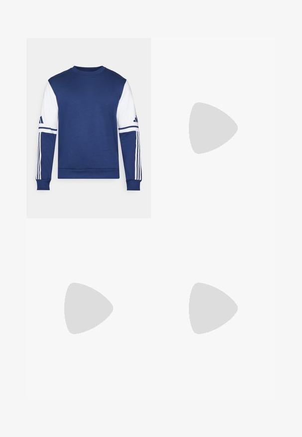 Felpa blu con maniche bianche. Presenta tre strisce bianche lungo le maniche e un collo a giro. Realizzata in un morbido tessuto testurizzato.; Maglietta sportiva bianca a maniche corte, realizzata in tessuto traspirante. Presenta un logo nero sul lato sinistro del petto e un collo interno a fantasia.; Pantaloni sportivi neri con una cintura elastica, strisce laterali bianche e un piccolo logo bianco sulla coscia. Realizzati in un materiale liscio e leggero.; Scarpe da ginnastica nere con una tomaia in mesh texturizzata, strisce bianche di accento, suola imbottita e tallone rinforzato per supporto.