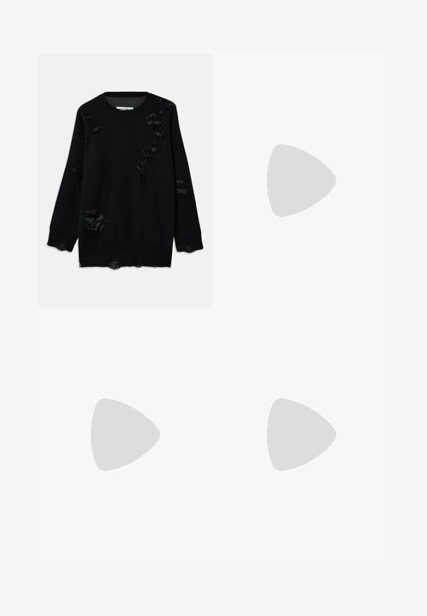 Black sweater made of soft fabric featuring multiple distressed areas, with a rounded neckline and long sleeves. Textured finish near the hems.; White wide-leg trousers made from cotton with a smooth texture. Features a front button, zipper fly, and four-pocket design.; White leather ankle boot with rounded toe and chunky cylindrical heel. Smooth texture, minimal design, no visible hardware or patterns.; Black, soft leather bag with a unique twisted design. Features a short handle and a detachable shoulder strap. Minimalist style.