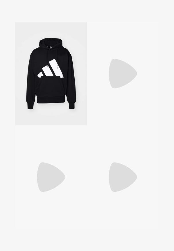 Μαύρη φόρμα με μεγάλο λευκό λογότυπο της adidas, ρυθμιζόμενη κουκούλα με κορδόνι, μπροστινή τσέπη καγκουρό, ριμπ μανσέτες και στρίφωμα. Υλικό από βαμβάκι.; Λευκό αθλητικό μπλουζάκι με κοντά μανίκια, κατασκευασμένο από ύφασμα που απορροφά την υγρασία. Διαθέτει μαύρο λογότυπο στην αριστερή πλευρά του στήθους και μοτίβο στη εσωτερική γραμμή του λαιμού.; Μαύρο αθλητικό παντελόνι με ελαστική μέση, λευκές πλαϊνές ρίγες και ένα μικρό λευκό λογότυπο στο μηρό. Φτιαγμένο από απαλή, ελαφριά ύφανση.; Μαύρα αθλητικά παπούτσια με υφασμάτινη άνω επιφάνεια κώνου, λευκές διακοσμητικές ρίγες, μαξιλαρωτή σόλα και ενισχυμένη φτέρνα για στήριξη.