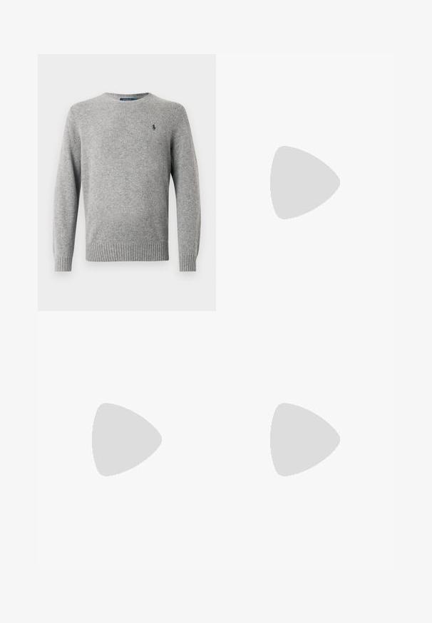 Suéter cinza com decote redondo e mangas compridas. Apresenta punhos e bainha canelados, feito de um tecido de malha suave. Pequeno logotipo no peito.; Camisa de botões de manga longa branca em algodão. Apresenta um colarinho clássico, punhos com botão e um pequeno logótipo bordado em azul-marinho no peito.; Calças de algodão bege com corte reto, apresentando passantes para cinto, frente lisa e bainhas ajustadas. Textura suave e detalhes mínimos.; Sneakers brancos em couro com textura suave, forma arredondada, sola de borracha plana e atacadores brancos. Apresenta um design minimalista e uma marca discreta.