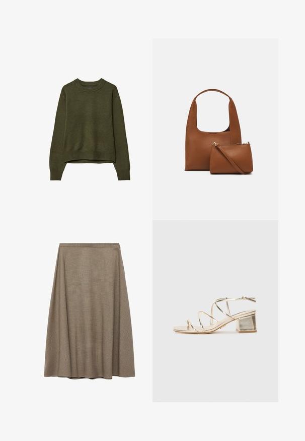 Olivově zelený svetr s kulatým výstřihem a dlouhými rukávy, s žebrovanými manžetami a lemem, vystavený na bílém pozadí.; Sukně do délky kolen v áčkovém střihu z texturované hnědé látky s jemným kostkovaným vzorem, má hladký pas a splývavý siluetu.; Zlaté metalické sandály s tenkými řemínky, čtvercovou blokovou patou a otevřenou špičkou. Obsahují tenké řemínky a zadní pásky kolem kotníku pro nastavení.; Hnědá syntetická kabelka s prohnutým uchem a hladkým povrchem. Obsahuje odpovídající malou taštičku se zipem. Minimalistický design.