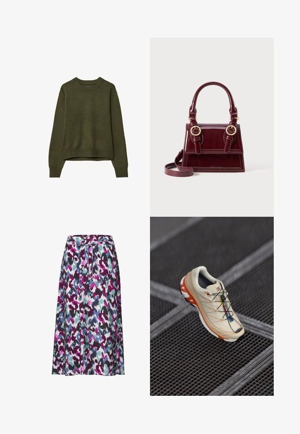 Oliivinvihreä pyöreä kaula-aukkoinen villapaita, jossa on pitkät hihat ja ribbaus hihansuissa ja helmassa, esillä valkoista taustaa vasten.; Polven pituinen hame, jossa on värikäs abstrakti kuvio purppuran, tealin ja mustan sävyissä. Tehty kevyestä, teksturoidusta kankaasta.; Vaaleanbeige juoksukengät, joissa on oransseja yksityiskohtia. Suunniteltu tekstuurilla varustetulla yläosalla, mustalla pohjalla ja integroiduilla nauhoilla. Varustettu GORE-TEX -merkinnällä.; Burgundy patahitsa nahka kongkruha nafwisofirani gnņumni dorbira, z dvema zgornjimi ročaji, zlatimi kovinskimi dodatki in snemljivim naramnim trakom. Pravokotna oblika s kontrastnim šivanjem.; Kultainen suorakulmainen rannekello, jossa on kuvioitu vaaleanvihreä kellotaulu, kaksi mustaa tuntimerkkiä, kultainen metalliranneke ja minimalistinen muotoilu.