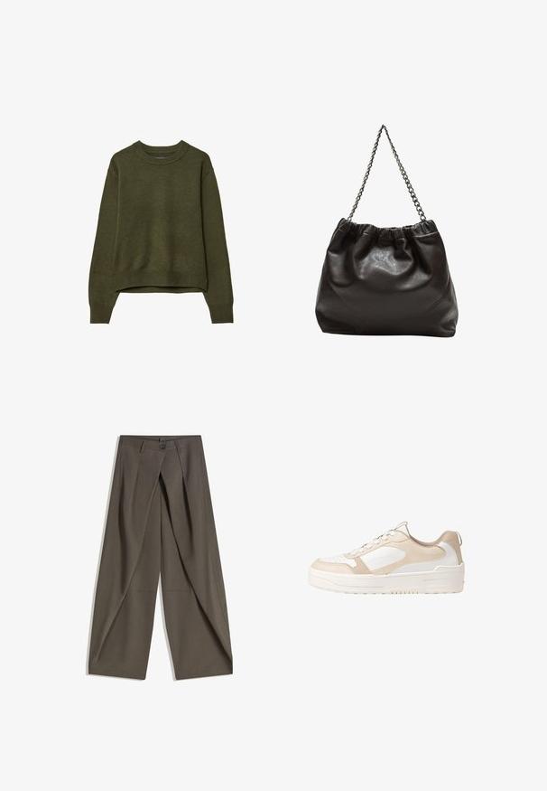 Olivovo zelený sveter s okrúhlym výstrihom, dlhými rukávmi a rebrovanými manžetami a lemom, zobrazený na bielom pozadí.; Široké nohavice vyrobené z textúrovaného tmavošedého materiálu. Majú predný záhyb, zapínanie na gombík a bočné vrecká pre praktickosť.; Beige a biele tenisky s hladkým koženým zvrškom, perforovanou špičkou, viazacím dizajnom, textúrovanými akcentmi a robustnou gumovou podrážkou.; Hnedá kožená taška so zberaným vrchom a reťazovým popruhom. Hladký povrch s lesklým finišom a jemným švom po stranách.
