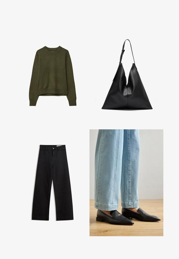 Zielonooliwkowy sweter z okrągłym dekoltem, z długimi rękawami oraz ściągaczami przy mankietach i dolnym końcu, wyeksponowany na białym tle.; Czarne dżinsowe spodnie o szerokich nogawkach i wysokim stanie, z przednimi i tylnymi kieszeniami, przeszyciami oraz zapięciem na guziki. Gładka struktura.; Czarne skórzane buty z ostrym noskiem i bez zapięcia, w połączeniu z jasnoniebieskimi spodniami o szerokich nogawkach, na drewnianej podłodze.; Czarna skórzana torebka w kształcie trójkąta z pojedynczym regulowanym paskiem na ramię i miękką, lekko opadającą strukturą.