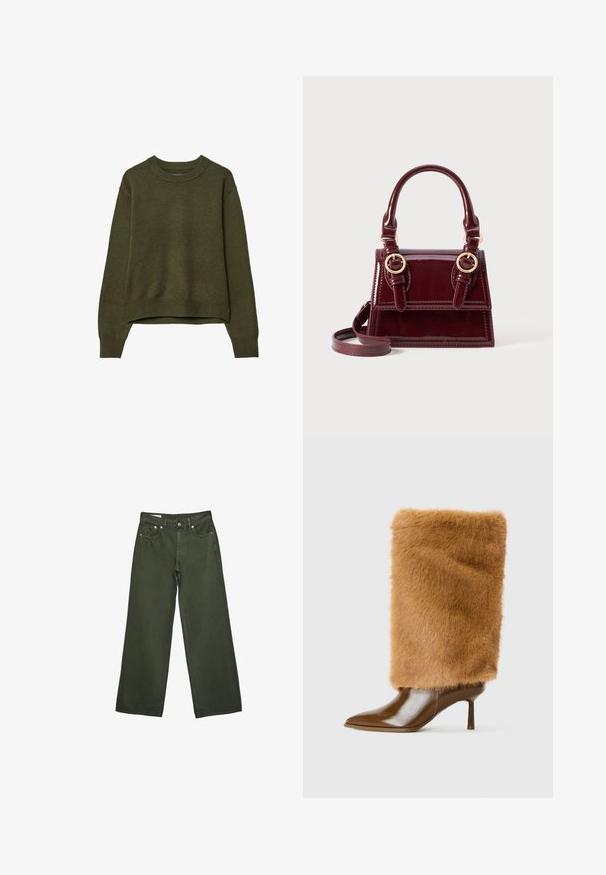 Pull en laine couleur olive avec un col rond, des manches longues et des bords côtelés, présenté sur un fond blanc.; Pantalons larges vert olive avec bouton à l'avant, fermeture éclair, passants de ceinture et design à cinq poches, exposés sur un fond blanc.; Botte à talon haut marron avec une pointe en cuir lisse et un long tige en fourrure douce recouvrant la cheville et le bas du mollet.; Sac à main en cuir verni bordeaux avec double poignée supérieure, accents en métal doré et bandoulière détachable. Forme rectangulaire avec des coutures contrastées.; Montre-bracelet rectangulaire en or avec un cadran vert clair texturé, deux marqueurs d'heure noirs, un bracelet en métal doré et un design minimaliste.