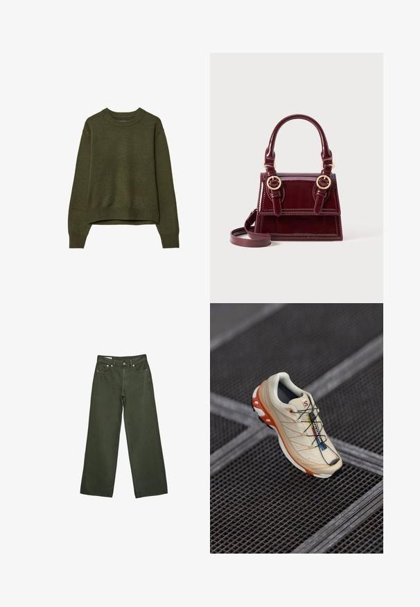 Maglione girocollo verde oliva con maniche lunghe e polsini e orlo a coste, esposto su uno sfondo bianco.; Pantaloni larghi color verde oliva con bottone frontale, zip, passanti per cintura e design a cinque tasche, esposti su sfondo bianco.; Scarpa da corsa beige con accenti arancioni, progettata con una parte superiore testurizzata, suola nera e lacci integrati. Presenta il marchio GORE-TEX.; Borsa in pelle verniciata borgogna con doppi manici superiori, dettagli in metallo dorato e tracolla rimovibile. Forma rettangolare con cuciture a contrasto.; Orologio da polso rettangolare dorato con quadrante verde chiaro testurizzato, due indicatori delle ore neri, bracciale in metallo dorato e un design minimalista.