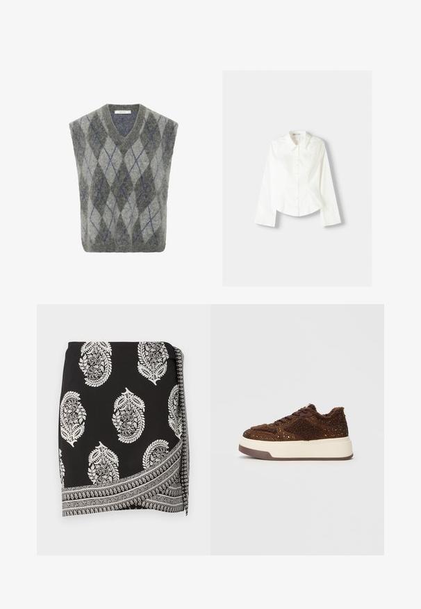Svetr z vlněné směsi s šedým a světlým šedým argyle vzorem a modrými akcenty. V-čkový výstřih a oversized střih. Měkká textura.; Biela košeľa na gombíky s dlhými rukávmi, s klasickým golierom, štruktúrovaným strihom a jemnými vertikálnymi švami pre pridaný detail.; Čierna sukňa s výzorom a bielymi paisley vzormi a detailným okrajovým dizajnom. Vyrobená z ľahkej tkaniny s hladkou textúrou.; Hnedé platformové tenisky so štruktúrovanou textíliou a trblietavými akcentmi, s mäkkým golierom a odolnou gumovou podrážkou.