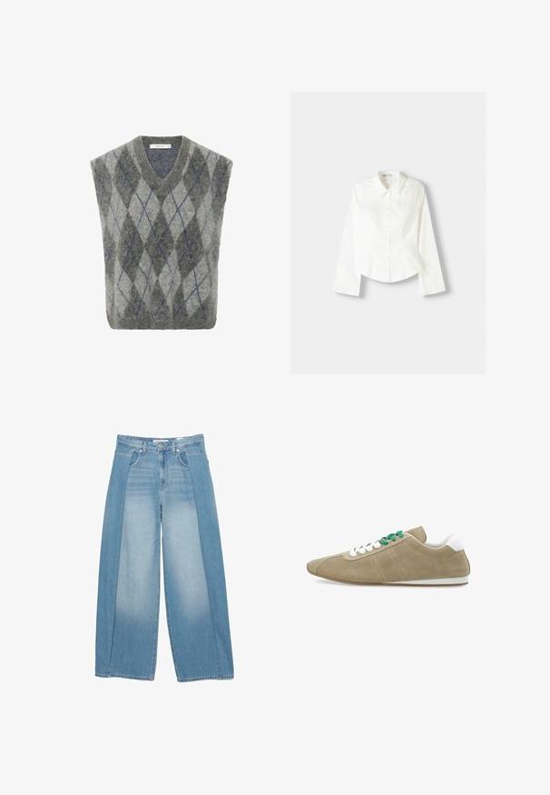 Villa sekoituksesta valmistettu liivi, jossa on harmaa ja vaaleanharmaa ruutukuosi sinisillä yksityiskohdilla. V-pääntie ja ylisuuria muoto. Pehmeä tekstuuri.; Valkoinen napillinen paita pitkähihaisilla, jossa on klassinen kaulus, vahvistettu malli ja hienovaraiset pystysaumat lisäyksinä.; Vaaleansiniset leveälahkeiset farkut, joissa on ainutlaatuinen muotoilu kahdella teksturoidulla paneelilla. Viiden taskun tyyli nappisulkimella.; Beige mokkasneakers med hvite detaljer, flat hvit såle, og grønne snører. Har to diagonale hvite striper på siden.