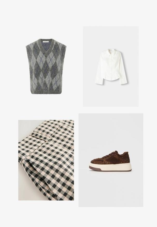 Svetr z vlněné směsi s šedým a světlým šedým argyle vzorem a modrými akcenty. V-čkový výstřih a oversized střih. Měkká textura.; Biela košeľa na gombíky s dlhými rukávmi, s klasickým golierom, štruktúrovaným strihom a jemnými vertikálnymi švami pre pridaný detail.; Čierna a béžová kockovaná tkanina s hladkou textúrou. Detail zobrazuje prehnutú časť s vreckom a čistými obšívacími líniami.; Hnedé platformové tenisky so štruktúrovanou textíliou a trblietavými akcentmi, s mäkkým golierom a odolnou gumovou podrážkou.