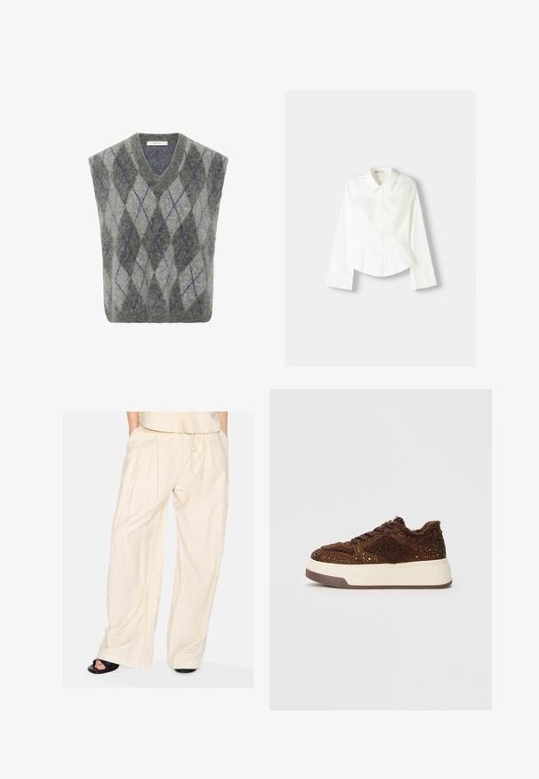 Wollen blend vest met een grijs en lichtgrijs ruitpatroon met blauwe accenten. V-hals ontwerp en oversized pasvorm. Zachte textuur.; Witte overhemdd met lange mouwen, voorzien van een klassieke kraag, gestructureerde pasvorm en subtiele verticale naden voor extra detail.; Wijdvallende broeken van een lichtbeige stof met een zachte textuur, met plooien en een verstelbare koordsluiting in de taille. Minimalistisch ontwerp.; Bruine platform sneakers met textuurstof en sprankelende accenten, een zachte kraag en een duurzame rubberen zool.