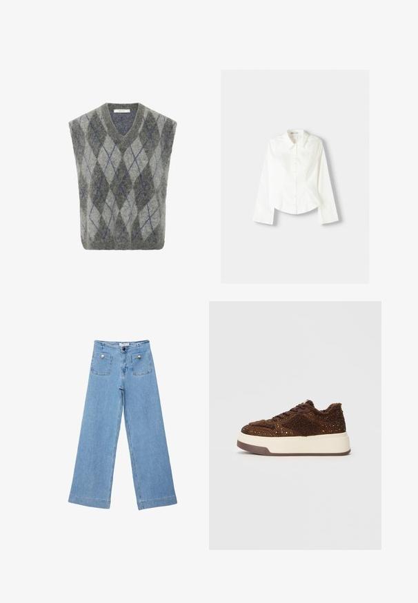 Prsluk od vune s mješavinom materijala koji ima sivi i svijetlosivi argyle uzorak s plavim akcentima. V-dekolte i oversized kroj. Mekana tekstura.; Bijela košulja s dugim rukavima, koja ima klasičan ovratnik, strukturiran kroj i suptilne vertikalne šavove za dodatne detalje.; Svijetloplavi široki traperice od denima, s dva prednja džepa sa zlatnim gumbima, ravnog kroja i obrubljenim završetkom.; Smeđe platforme tenisice s teksturiranim materijalom i sjajnim akcentima, ugodnim ovratnikom i izdržljivom gumenom petom.