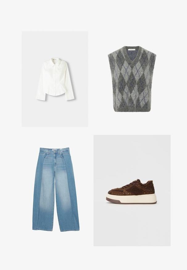 Vesta z vlněné směsi s šedým a světle šedým argyle vzorem a modrými akcenty. Design s V výstřihem a oversized střihem. Měkká textura.; Bílá košile s dlouhými rukávy, se klasickým límcem, strukturovaným střihem a jemnými vertikálními švy pro zvýšení detailu.; Džíny s širokými nohavicemi ve světlé modré barvě, které disponují jedinečným designem se dvěma texturovanými panely. Pětipocketový styl s knoflíkovým zapínáním.; Hnědé platformové tenisky s texturovaným materiálem a třpytivými akcenty, měkkým límcem a odolnou gumovou podrážkou.