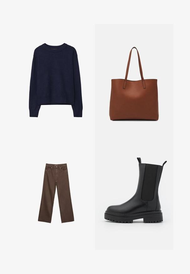 Maglione lavorato a maglia blu navy, texture morbida, scollatura rotonda, spalle scese, lunghezza cropped, polsini e orlo a coste.; Jeans a gamba larga marroni in denim, con vita alta, tasche anteriori e chiusura a bottone classica. Tessuto liscio con cuciture sottili.; RAID CHERISH - Stivali con plateau - black; Borsa tote in pelle marrone con texture liscia, design con apertura superiore e due spallacci. Presenta cuciture minime e nessun hardware visibile.