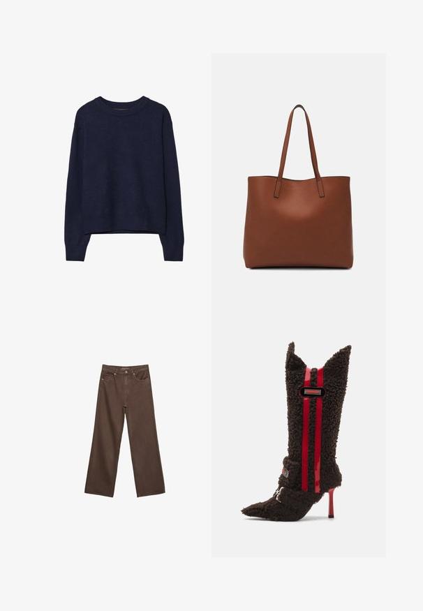 Granatowy sweter w dzianinę, miękka tekstura, okrągły dekolt, opadające ramiona, skrócona długość, ściągacze przy mankietach i u dołu.; Szerokie brązowe dżinsy wykonane z denimu, z wysokim stanem, przednimi kieszeniami i klasycznym zapięciem na guzik. Gładka faktura z subtelnym przeszyciem.; Brązowe botki na wysokim obcasie z futrzanym wyglądem i spiczastymi noskami, z czerwonymi, lakierowanymi paskami i logo na kostce. Teksturowany materiał.; Brązowa skórzana torba tote o gładkiej fakturze, z otwartym wierzchem i dwoma ramiączkami. Charakteryzuje się minimalnym przeszyciem i brakiem widocznych elementów metalowych.