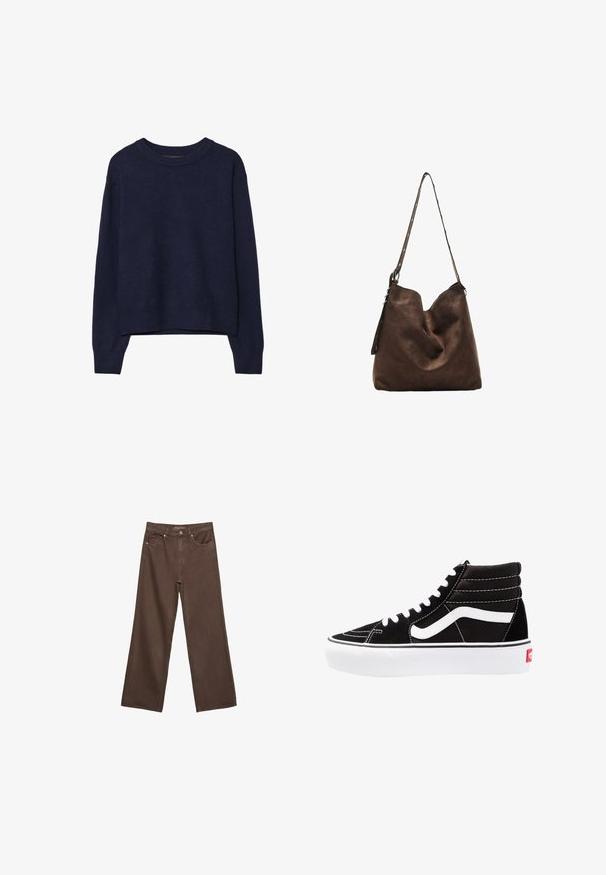 Marineblauer gestrickter Pullover, weiche Textur, runder Ausschnitt, überschnittene Schultern, kürzere Länge, gerippte Bündchen und Saum.; Weite braune Jeans aus Denim, mit hoher Taille, Fronttaschen und klassischem Knopfverschluss. Glatte Textur mit feinen Nähten.; Schwarze High-Top-Sneaker mit weißen Schnürsenkeln, einem weißen Logo und kontrastierendem weißen Nähten. Verfügt über eine dicke weiße Sohle und ein strukturiertes Wildleder-Obermaterial.; Braune Wildleder-Hobo-Tasche mit geschwungenem oberen Teil, einem langen Trageriemen mit Punktakzenten und einer weichen Textur. Verfügt über ein lässiges Design für den täglichen Gebrauch.
