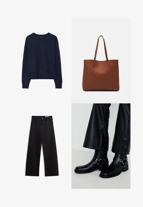 Navy blue knitted sweater, soft texture, round neckline, dropped shoulders, cropped length, ribbed cuffs and hem.; Black wide-leg denim pants with a high waist, featuring front and back pockets, stitched seams, and a button closure. Smooth texture.; Black leather ankle boots with a rounded toe, featuring a decorative buckle and studs on the strap, and vertical ribbed detailing.; Brown leather tote bag with a smooth texture, open top design, and two shoulder straps. Features minimal stitching and no visible hardware.