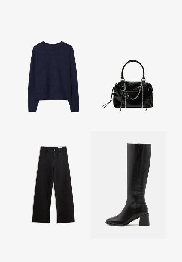 Mörkblå stickad tröja, mjuk textur, rund halsringning, nedhasade axlar, kort längd, ribbade mudd och nederkant.; Svarta vida denimbyxor med hög midja, med fram- och bakfickor, sydda sömmar och knappstängning. Slät textur.; ONLY SHOES ONLBIJOU KNEE HIGH BOOT - Stövel - black; Bershka WITH CHAIN - Handväska - black