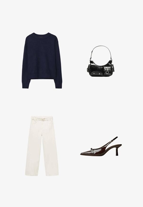 Marineblauwe gebreide trui, zachte textuur, ronde halslijn, verlaagde schouders, korte lengte, ribgebreide manchetten en zoom.; Harembroek in crème kleur van katoen. Heeft een ceintuurlijn, rits en twee zijzakken. Glad textuur, minimale stiksels.; Bruine gepatineerde leren slingback schoen met een spitse neus, lage hak en een decoratieve strikaccent aan de voorkant. Glad, glanzend oppervlak.; Zwarte laarzen in lakleer met een gebogen vorm, één schouderband, voorvakken en accenten in zilverkleurig metaal.