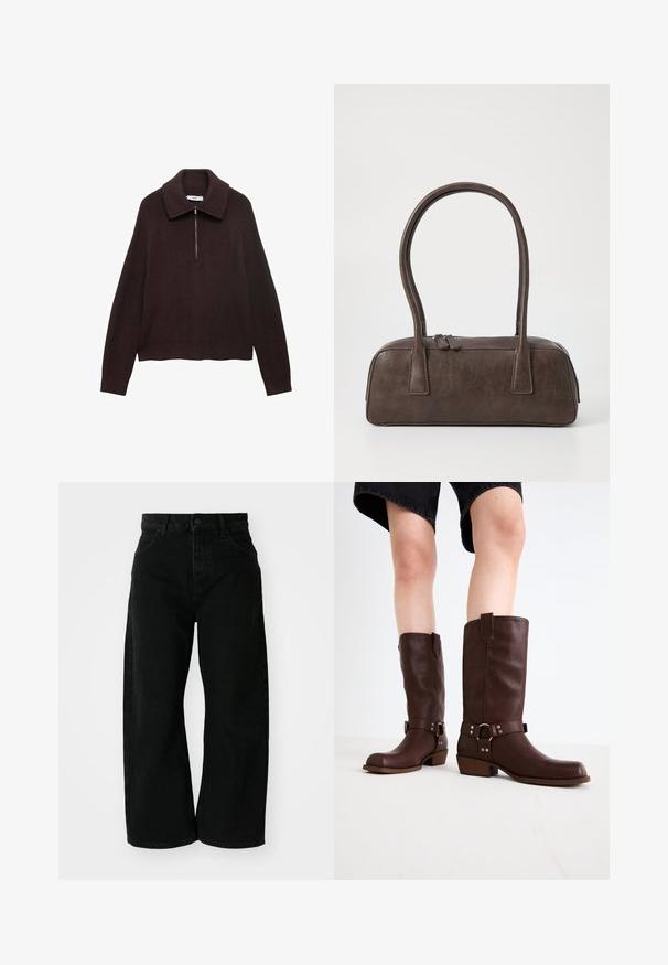 Brun striktrøje med bred krave, halv lynlås foran og sænkede skuldre. Har en ribbet tekstur og cropped længde.; Sorte vide benbukser lavet af denim med høj talje. Har fem lommer og en frontlukning med knap. Glat tekstur og rene linjer.; Brune læder knæhøje støvler med rund tå, struktureret overflade, ankelrem og sølvhardware detaljer; stablet hæl.; Brun lædertaske med to robuste håndtag, rektangulær form, glat tekstur og lynlås lukning. Minimalistisk design uden synlige mønstre.