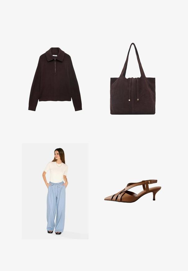 Hnedý pletený sveter so širokým golierom, polovičným zipsom na prednej strane a zosadenými ramenami. Má rebrovanú textúru a skrátenú dĺžku.; Svetlomodré široké nohavice s pásom na šnúrku a bočnými vreckami. Skombinované s bielou košeľou s volánovým lemom a krátkym rukávom. Čierne platformové sandále.; Hnedé kožené sandále na podpätku so špicatou špičkou, viacerými krížovými remienkami a malým podpätkom, zabezpečené bočnou prackou.; Mango Veľká kabelka - dark brown