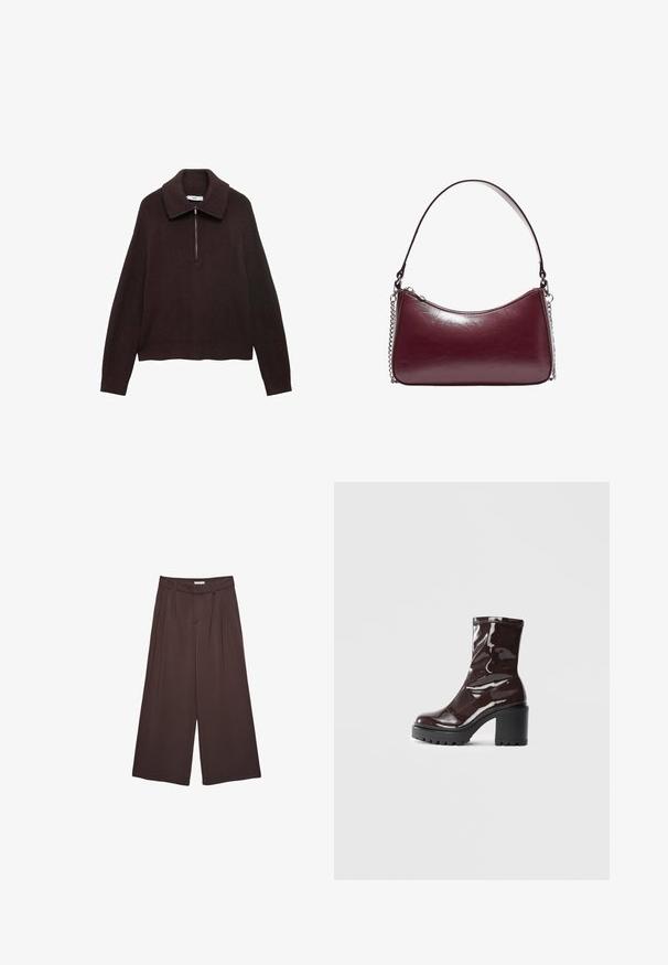 Hnedý pletený sveter so širokým golierom, polovičným zipsom na prednej strane a zosadenými ramenami. Má rebrovanú textúru a skrátenú dĺžku.; Hnedé široké nohavice vyrobené z mäkkej látky, s plisovaním v páse a bočnými vreckami. Strih prispôsobený postave s pohodlným strihom.; Lesklé burgundské kotníkové boty s robustním černým podpatkem, s hladkou strukturou a jednoduchým designem. Bez viditelných zapínání nebo vzorů.; Burgundská kožená kabelka s zakriveným tvarom, zipsovým uzáverom a reťazou na rúčke. Hladký povrch s miernym leskom.