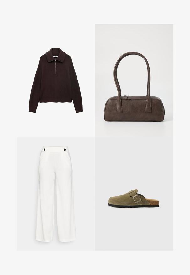 Suéter de punto marrón con un cuello amplio, cierre de media cremallera en el frente y hombros caídos. Presenta una textura acanalada y un largo cropped.; Pantalones de pierna ancha blancos, confeccionados con una tela suave. Presentan una cintura alta con detalles de botones negros y dos bolsillos laterales.; Zueco de ante verde oliva con correa ajustable y hebilla cuadrada, plantilla de corcho y suela de goma negra. Diseño de punta redonda.; Bolso de mano de cuero marrón con dos asas robustas, forma rectangular, textura suave y cierre de cremallera. Diseño minimalista sin patrones visibles.