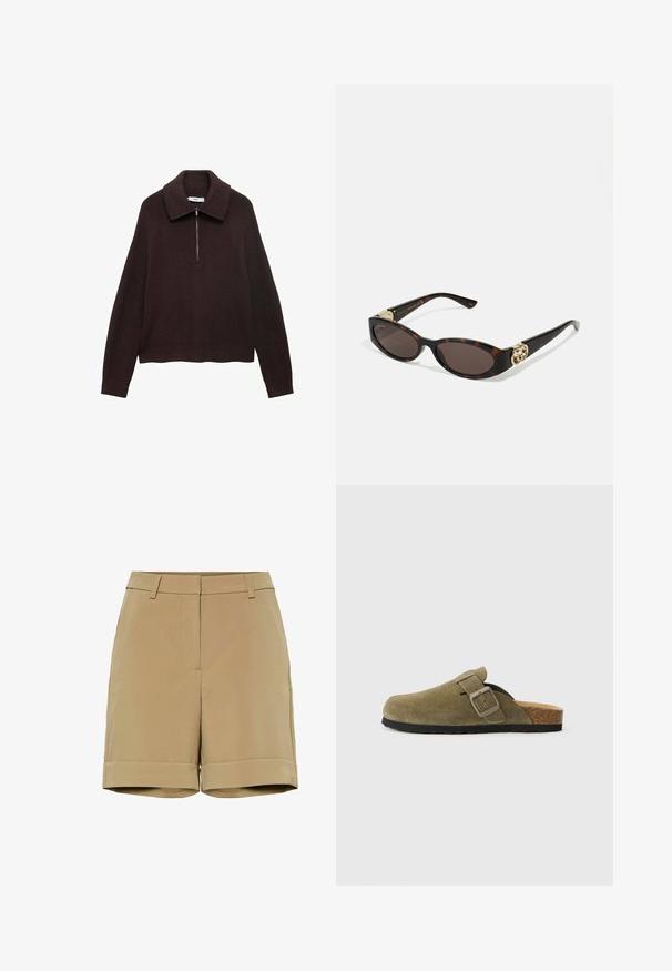 Bruine gebreide trui met een brede kraag, halve rits aan de voorkant en verlaagde schouders. Heeft een geribbelde textuur en een verkorte lengte.; Beige shorts met een tailored ontwerp, vlakke voorkant en omgeslagen cuffs. Gemaakt van gladde stof, met zijzakken en zonder zichtbare hardware.; Olijfgroene suede klomp met verstelbare band en vierkante gesp, kurken voetbed en zwarte rubberen zool. Rondneus ontwerp.; Schildpadbril met langwerpige ovale lenzen, bruine tint, gouden logo-accenten op de pootjes en slanke zwarte armen.; Bruine leren handtas met twee stevige handvatten, rechthoekige vorm, gladde textuur en ritssluiting. Minimalistisch ontwerp zonder zichtbare patronen.